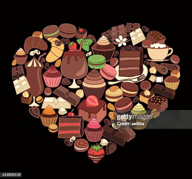 chocolate desserts in the shape of heart. - chocolate cake stock illustrations