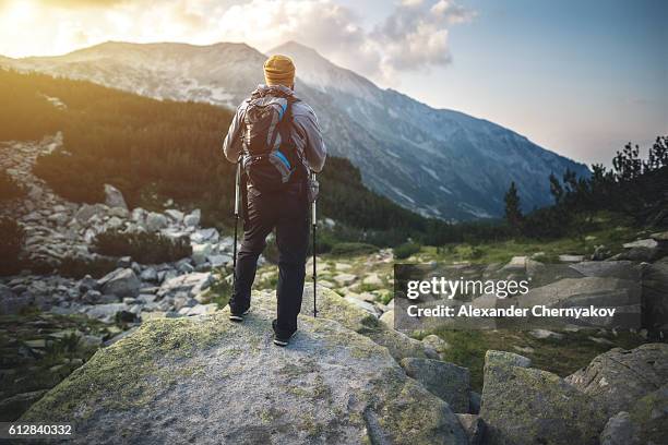 traveler with backpack looks on a mountain peak on sunset - hiking pole stock pictures, royalty-free photos & images