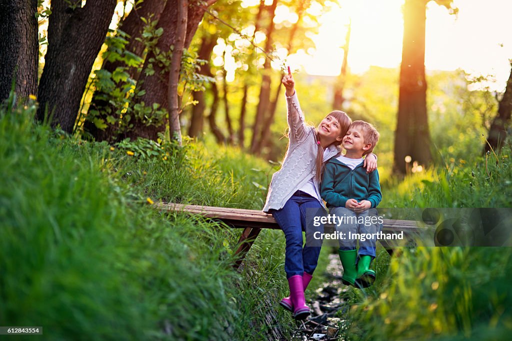 Hermano y hermana sentado en el puente en el bosque 