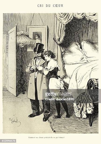 cri du coeur - man paying a prostitute - corset stock illustrations