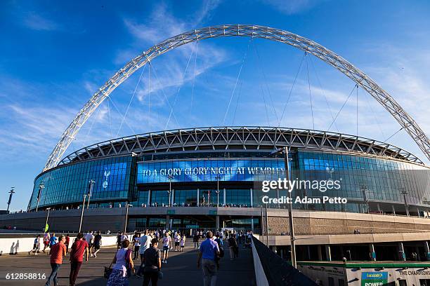 tottenham hotspur supporters outside wembley stadium, london, uk - london wembley stadium stock pictures, royalty-free photos & images