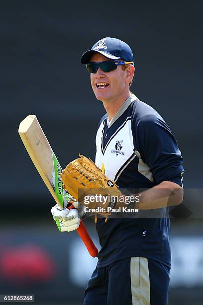 Andrew McDonald, coach of the Bushrangers looks on as players warm up before the Matador BBQs One Day Cup match between South Australia and Victoria...