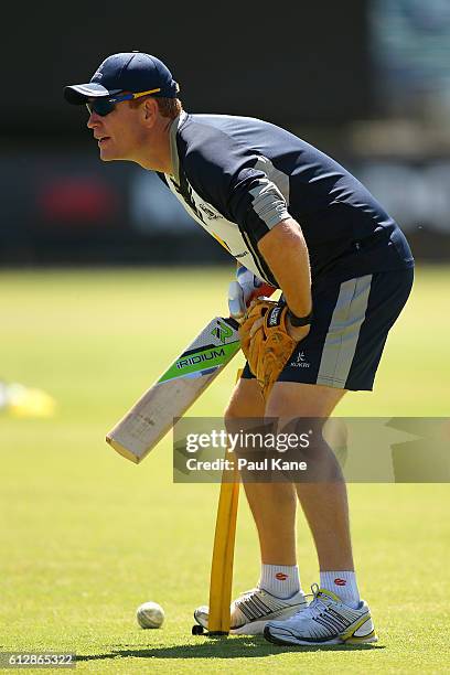 Andrew McDonald, coach of the Bushrangers looks on as players warm up before the Matador BBQs One Day Cup match between South Australia and Victoria...