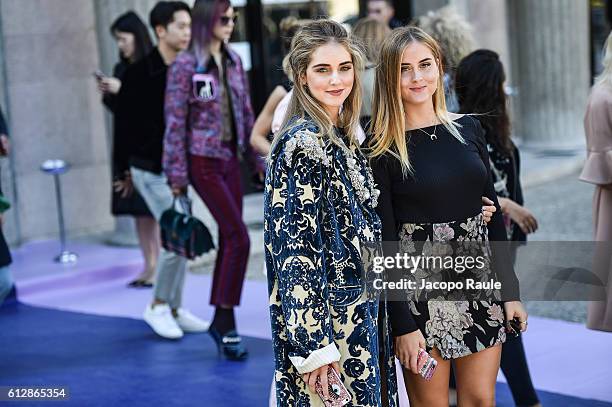 Chiara Ferragni and Valentina Ferragni are seen arriving at Miu Miu Fashion show during Paris Fashion Week Spring/Summer 2017 on October 5, 2016 in...