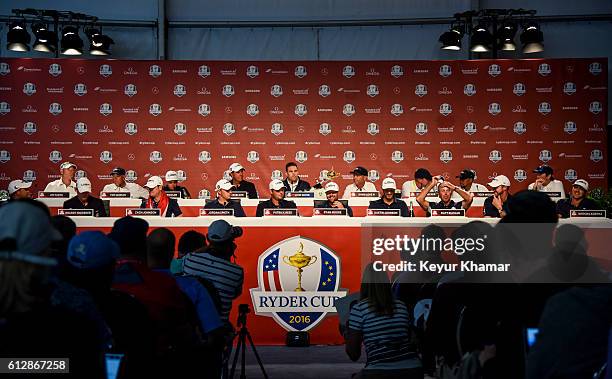 Team USA members sit for a press conference following their victory during singles matches of the 2016 Ryder Cup at Hazeltine National Golf Club on...