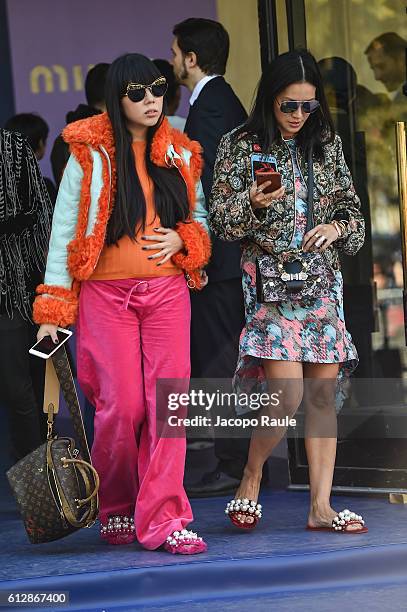 Susie Bubble and Tina Leung are seen arriving at Miu Miu Fashion show during Paris Fashion Week Spring/Summer 2017 on October 5, 2016 in Paris,...