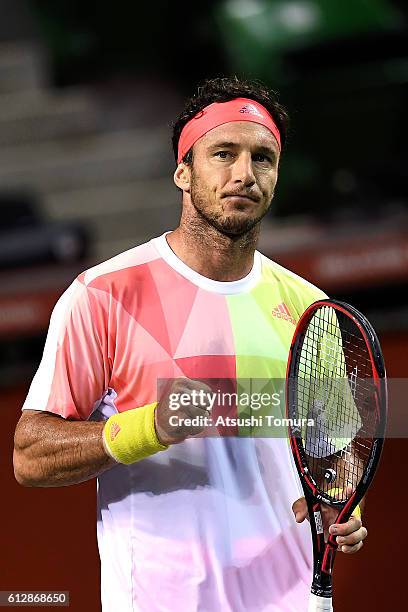 Juan Monaco of Argentina reacts after winning the men's singles second round match against James Duckworth of Australia on day three of Rakuten Open...
