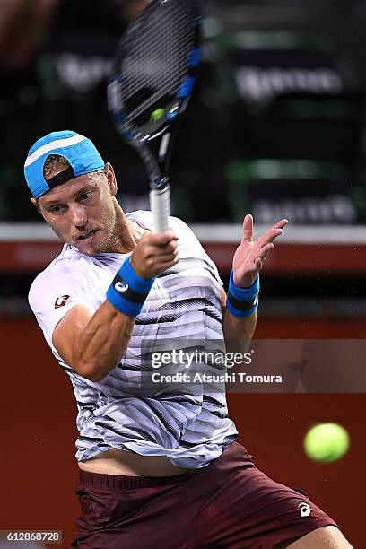 James Duckworth of Australia plays a forehand during the men's singles second round match against Juan Monaco of Argentina on day three of Rakuten...