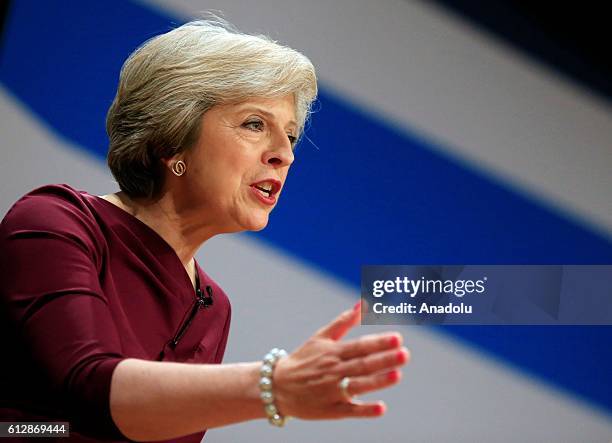 Prime Minister Theresa May delivers a speech during the fourth day of the Conservative Party Conference 2016 at the ICC Birmingham on October 5, 2016...