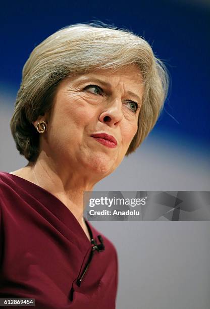 Prime Minister Theresa May delivers a speech during the fourth day of the Conservative Party Conference 2016 at the ICC Birmingham on October 5, 2016...