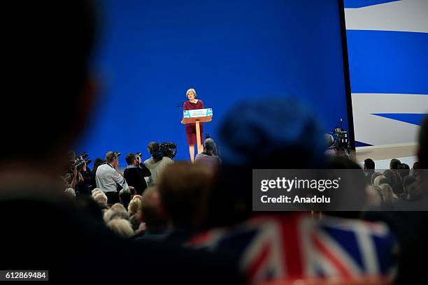 Prime Minister Theresa May delivers a speech during the fourth day of the Conservative Party Conference 2016 at the ICC Birmingham on October 5, 2016...