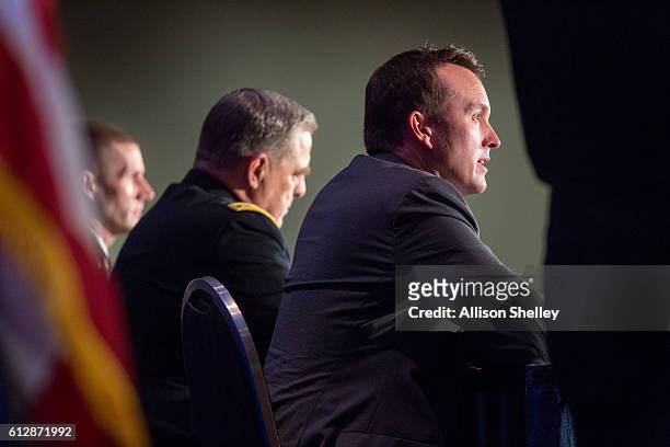 Secretary of the Army Eric Fanning, Army Chief of Staff Gen. Mark Milley and Army Sgt. Major Daniel Dailey speak during the Association of U.S. Army...