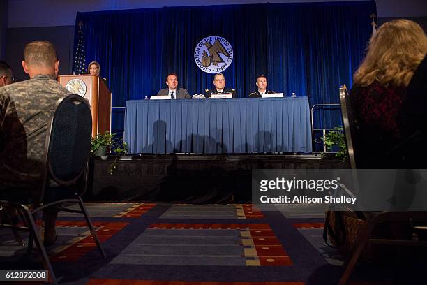 Secretary of the Army Eric Fanning, Army Chief of Staff Gen. Mark Milley and Army Sgt. Major Daniel Dailey, speak on a panel during the Association...