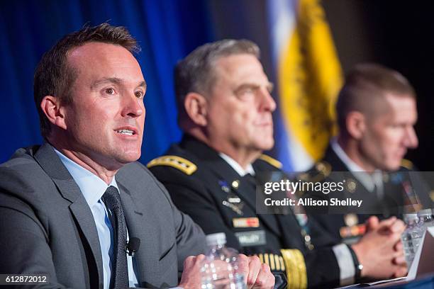 Secretary of the Army Eric Fanning, Army Chief of Staff Gen. Mark Milley and Army Sgt. Major Daniel Dailey, speak on a panel during the Association...