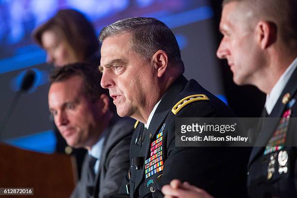 Secretary of the Army Eric Fanning, Army Chief of Staff Gen. Mark Milley and Army Sgt. Major Daniel Dailey, speak during the Association of U.S. Army...