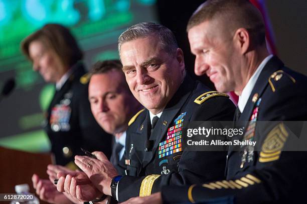 Secretary of the Army Eric Fanning, Army Chief of Staff Gen. Mark Milley and Army Sgt. Major Daniel Dailey speak during the Association of U.S. Army...