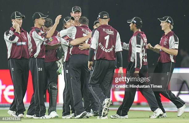 Somerset celebrates ) after Andrew Symonds of Chargers during the Airtel Champions League Twenty20 Group A match between the Deccan Chargers and...