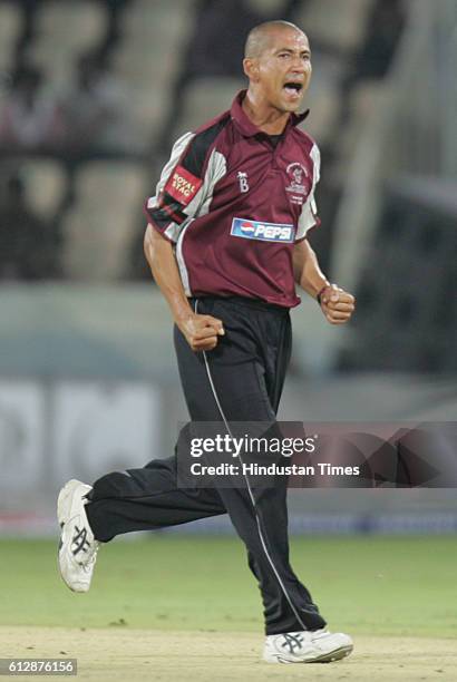 Alfonso Thomas of Somerset celebrates bowling Scott Styris of the Deccan Chargers for LBW during the Airtel Champions League Twenty20 Group A match...