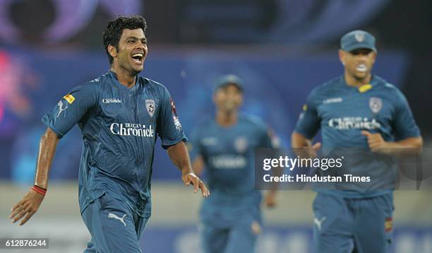 Shing of Deccan Chargers celebrates thw wicket of Justin Langer of Somerset during the Airtel Champions League Twenty20 Group A match between the...