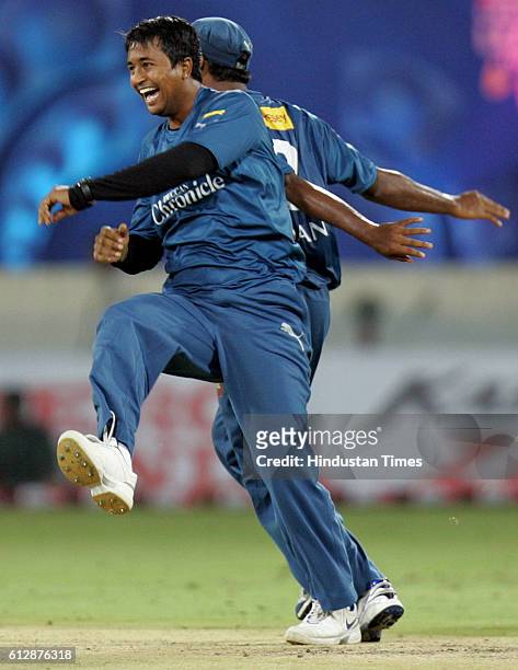 Ojha of the Chargers celebrates during the Airtel Champions League Twenty20 Group A match between the Deccan Chargers and Somerset CCC at the Rajiv...