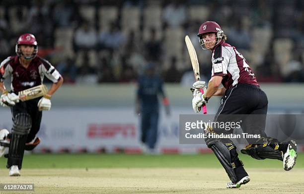 James Hildreth of Somerset plays a shot during the Airtel Champions League Twenty20 Group A match between the Deccan Chargers and Somerset CCC at the...