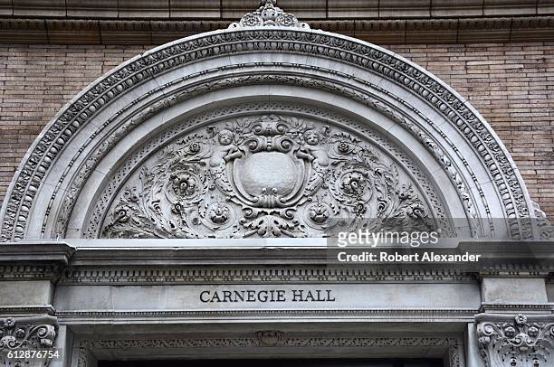 September 6, 2016: Architectural details on the exterior facade of Carnegie Hall, an historic concert venue on 7th Avenue in Midtown Manhattan in New...