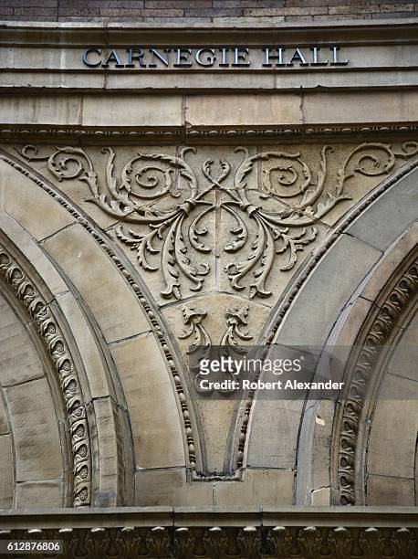 September 6, 2016: Architectural details on the exterior facade of Carnegie Hall, an historic concert venue on 7th Avenue in Midtown Manhattan in New...