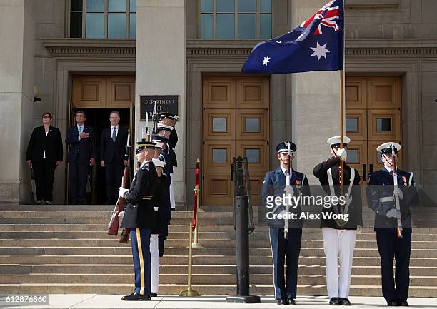 Secretary of Defense Ashton Carter welcomes Australian Defense Minister Marise Payne and Australian Minister for Defense Industry Christopher Pyne...
