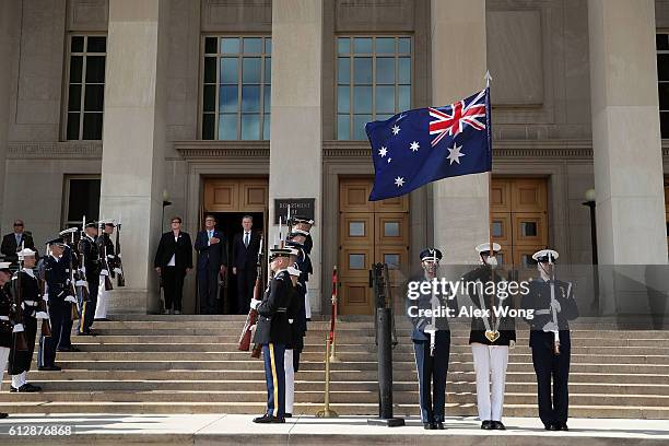 Secretary of Defense Ashton Carter welcomes Australian Defense Minister Marise Payne and Australian Minister for Defense Industry Christopher Pyne...