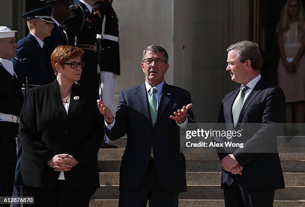 Secretary of Defense Ashton Carter welcomes Australian Defense Minister Marise Payne and Australian Minister for Defense Industry Christopher Pyne...