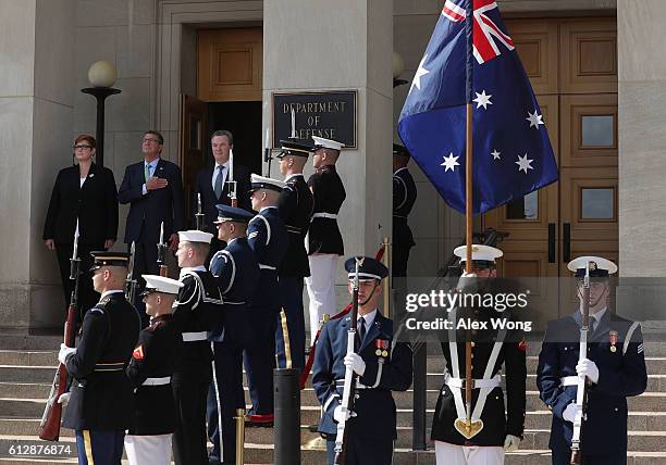 Secretary of Defense Ashton Carter welcomes Australian Defense Minister Marise Payne and Australian Minister for Defense Industry Christopher Pyne...