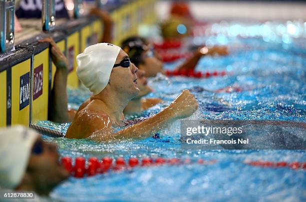 Bobby Hurley of Australia celebrates after winning the Men's 50m Backstroke finals during day two of the FINA Swimming World Cup Dubai 2016 at Hamdan...