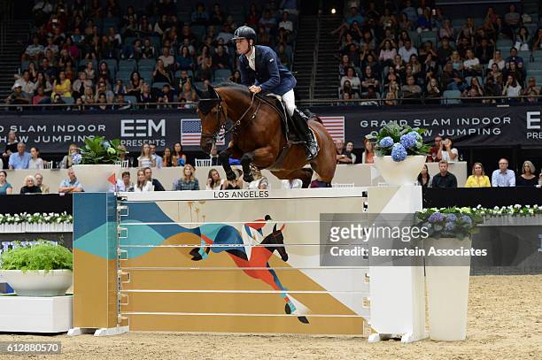 Scott Brash of Great Britain competes on Hello M'Lady in the Longines Grand Prix during the Longines Masters of Los Angeles 2016 at Long Beach...