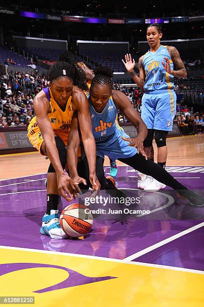 Nneka Ogwumike of the Los Angeles Sparks and Clarissa dos Santos of the Chicago Sky fight for the ball in Game Two of the WNBA Conference Semifinals...