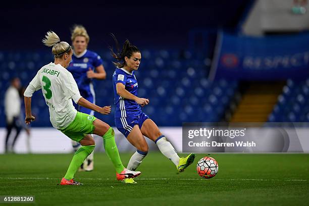 Claire Rafferty of Chelsea Ladies and Zsanett Jakabfi of Wolfsburg during a UEFA Champions League match between Chelsea Ladies and Wolfsburg at...