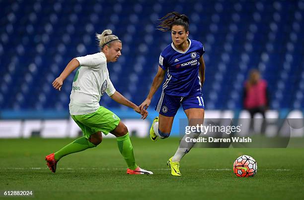 Claire Rafferty of Chelsea Ladies and Zsanett Jakabfi of Wolfsburg in action during a UEFA Champions League match between Chelsea Ladies and...