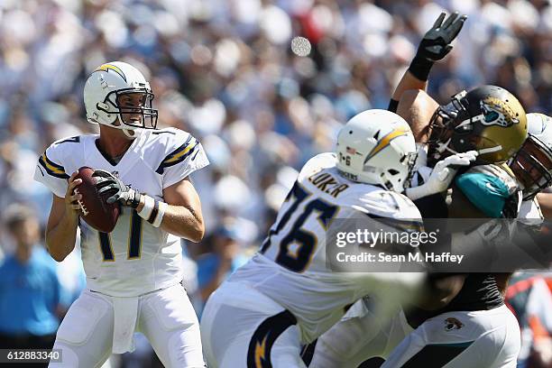 Philip Rivers of the San Diego Chargers prepares to pass during a game against the Jacksonville Jaguars at Qualcomm Stadium on September 18, 2016 in...