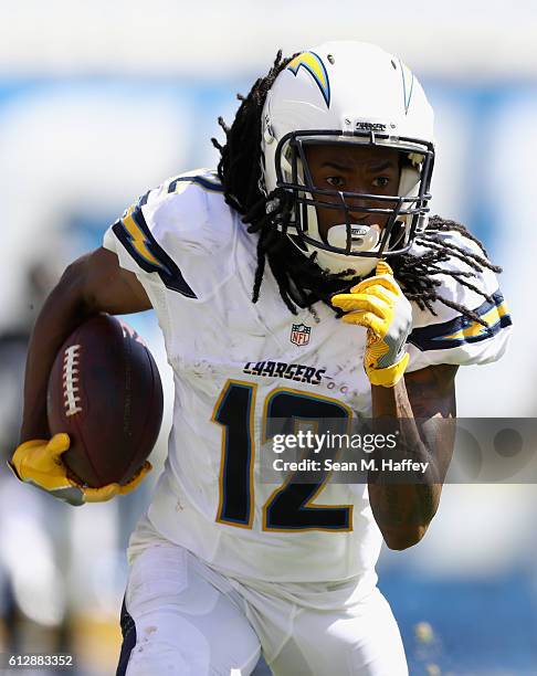 Travis Benjamin of the San Diego Chargers runs upfield during a game against the Jacksonville Jaguars at Qualcomm Stadium on September 18, 2016 in...