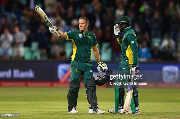 David Miller celebrates his 100 runs during the 3rd Momentum ODI Series match between South Africa and Australia at Sahara Stadium Kingsmead on...