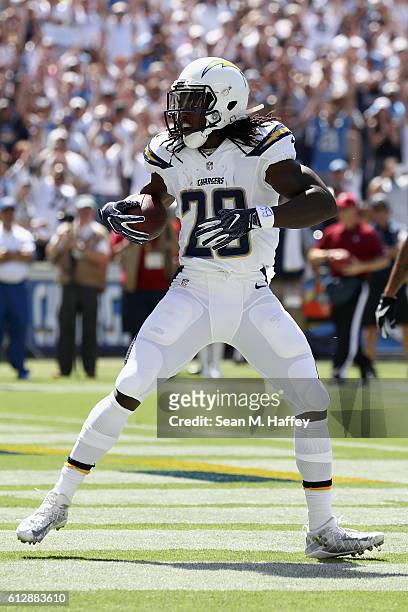 Melvin Gordon of the San Diego Chargers reacts to scoring a touchdown during a game against the Jacksonville Jaguars at Qualcomm Stadium on September...