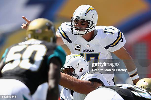 Philip Rivers of the San Diego Chargers calls a play at the line of scrimmage during a game against the Jacksonville Jaguars at Qualcomm Stadium on...