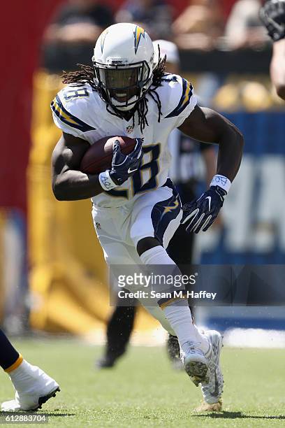 Melvin Gordon of the San Diego Chargers runs upfield during a against the Jacksonville Jaguars game at Qualcomm Stadium on September 18, 2016 in San...