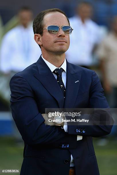 President of Football Operations John Spanos of the San Diego Chargers watches during a game against the Jacksonville Jaguars at Qualcomm Stadium on...