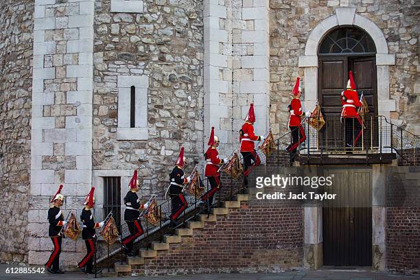 State Trumpeters of The Blues And Royals enter the White Tower before the installation of General Sir Nicholas Houghton as the 160th Constable of the...