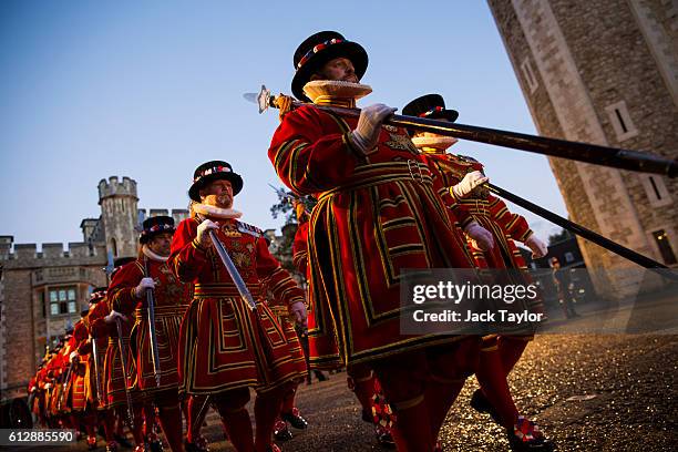 Yeoman Warders 'Beefeaters', parade during the installation of General Sir Nicholas Houghton as the 160th Constable of the Tower of London during a...