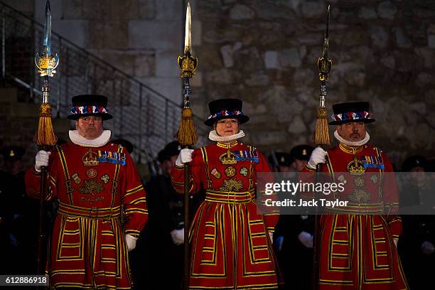 The first ever female Yeoman Warder Moira Cameron and other 'Beefeaters', parade during the installation of General Sir Nicholas Houghton as the...