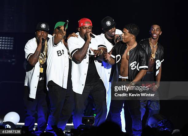 Jadakiss, Styles P, Sheek Louch of The Lox, Sean "Diddy" Combs, Justin Combs, and Christian Combs perform onstage during the Bad Boy Family Reunion...