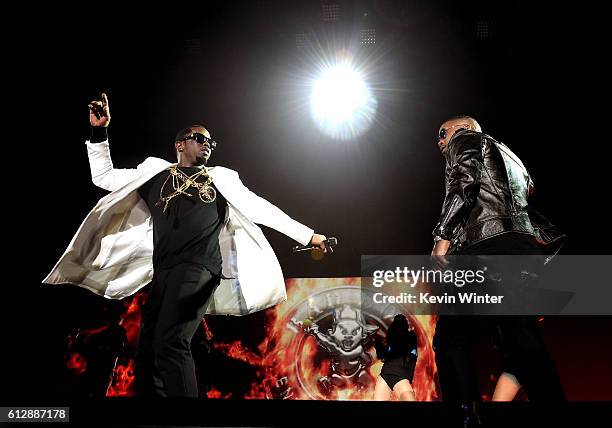 Sean Diddy Combs and Mase perform onstage during the Bad Boy Family Reunion Tour at The Forum on October 4, 2016 in Inglewood, California.