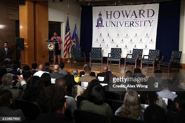 Attorney General Loretta Lynch speaks during a town hall at Howard University October 5, 2016 in Washington, DC. Howard University held a town hall...