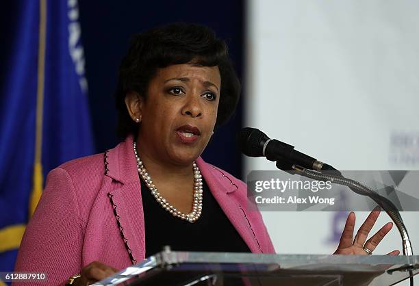 Attorney General Loretta Lynch speaks during a town hall at Howard University October 5, 2016 in Washington, DC. Howard University held a town hall...